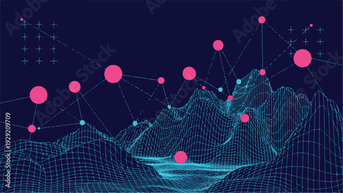 Futuristic digital landscape with pink dots and blue grid lines on dark background