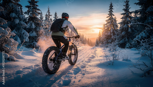 Adventurous Cyclist Fat Biking Through a Serene Snowy Forest at Golden Hour, Capturing the Spirit of Winter Sports and Outdoor Exploration