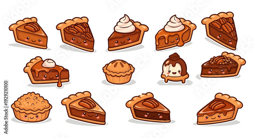 Cute Kawaii Pecan Pie and Pumpkin Pie Slices Vector Set with Various Toppings