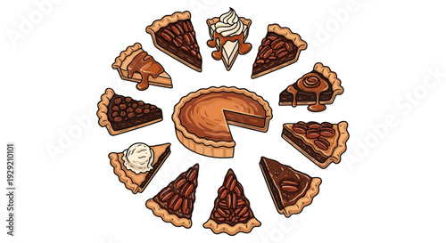 Set of Pecan and Pumpkin Pie Slices with Caramel Sauce and Whipping Cream Illustration