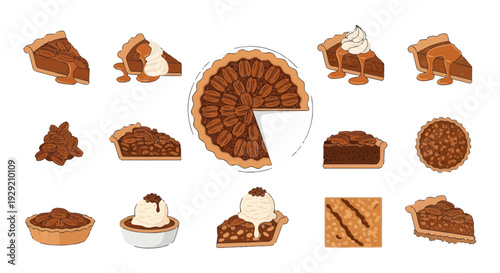 Pecan Pie Slices Collection with Caramel Sauce Whipping Cream and Vanilla Ice Cream Illustration Set