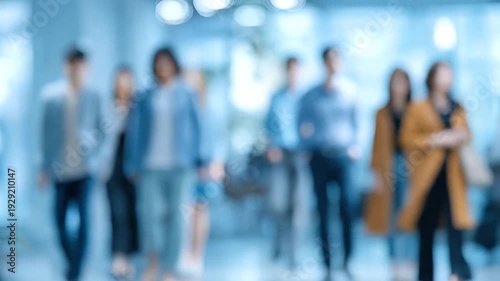 Blurred group of business people walking in a modern office building hallway