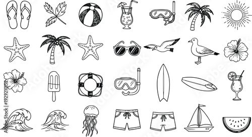 Hand drawn summer beach icons set featuring palm trees, surfboard, nautical elements, tropical flowers, waves, sun, and vacation travel doodle sketches,