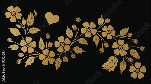 golden flowers and heart on black background