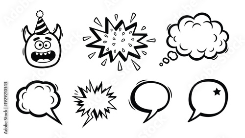 Comic Speech Bubbles and Monster: A playful illustration set featuring dynamic speech bubbles and a whimsical cartoon monster with a party hat.