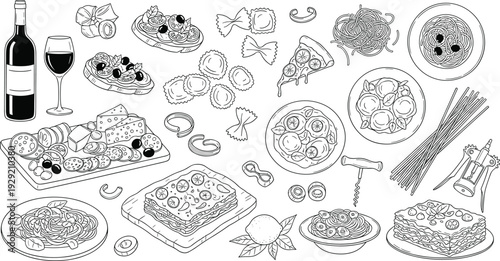Italian food vector illustration set featuring pizza, pasta, lasagna, wine, cheese, and Mediterranean cuisine line art icons for restaurant menu design.