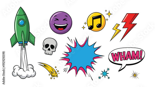 Comic Pop Art Elements: A dynamic collage of comic pop art elements explodes with energy, featuring a rocket, an emoji, a musical note, a lightning bolt, a speech bubble and star