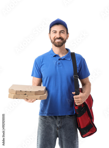 Male courier with pizza box...