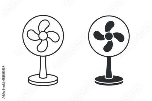 Standing electric fan icon set, table fan line and solid style vector illustration