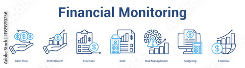 Financial Monitoring web banner icon set vector illustration concept for business with icon of Cash Flow, Profit Growth, Expenses, Cost, Risk Manageme.
