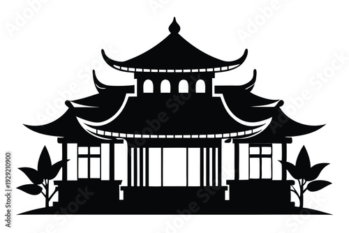 chinese house silhouette line art vector illustration