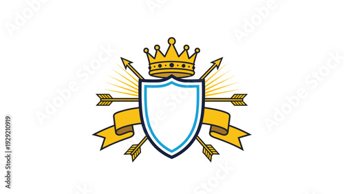 Royal heraldic crest symbol with gold crown white shield crossing arrows and yellow ribbon for prestige and honor.