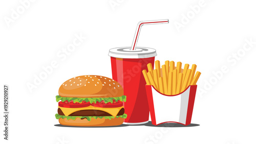 Delicious fast food meal set with a cheeseburger beef burger crispy french fries and a red soda cup with straw.