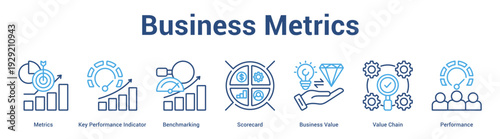 Business Metrics web banner icon set vector illustration concept for business with icon of Metrics, Key Performance Indicator, Benchmarking, Scorecard, Business Value, Va.