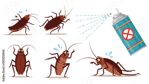 Humorous illustrations of cockroaches reacting to toxic insect spray can with some running away while others show distress.