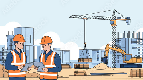 Professional engineers using digital tablets to manage building construction project with cranes and excavators.