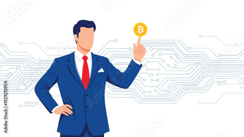 Businessman touching a digital bitcoin icon over a white circuit board background for cryptocurrency and finance concepts.