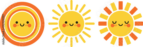 Set of cute smiling sun characters with happy faces and rosy cheeks in flat cartoon style isolated on white background,