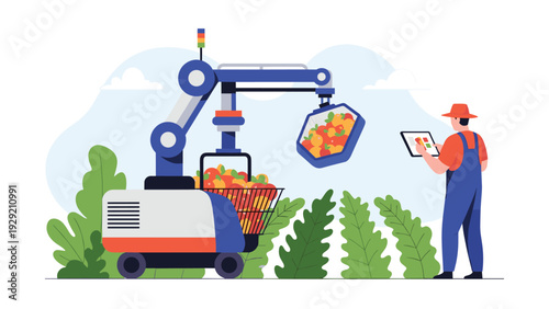 Advanced agricultural robot picking fresh apples from trees while farmer monitors harvesting process on digital tablet in orchard.