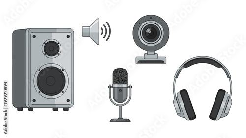 Set of digital multimedia devices including a speaker webcam microphone and headphones for remote work and podcasting.