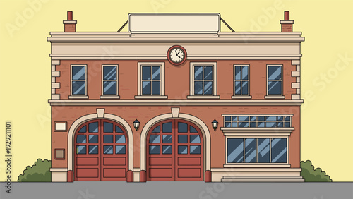 Two-story classic brick fire station building with large red arched garage doors and a clock on the facade against a yellow sky.
