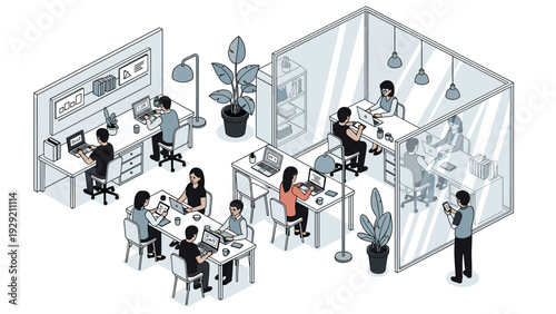 Large open plan co-working office space with multiple professionals working on laptops at desks and in glass meeting rooms.