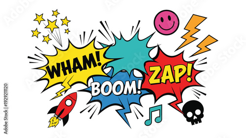 Comic Pop Art: A dynamic burst of color and action with WHAM!, BOOM!, and ZAP! exclamations, accented by a rocket, stars, lightning bolts, a smiley face, musical notes, and a skull.