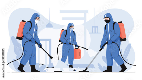 Team of professional workers in full protective hazmat suits conducting thorough disinfection or chemical cleaning in industrial facility.