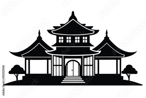 chinese house silhouette line art vector illustration