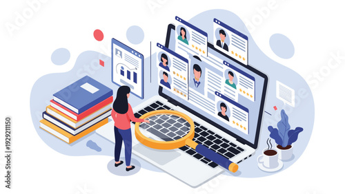 Human resources professional using a large magnifying glass to search and evaluate candidate profiles on a laptop screen for recruitment.