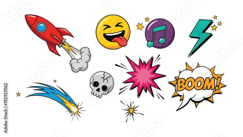 Comic Pop Art Elements: A collection of vibrant comic-style graphics, including a rocket, emoji, music note, lightning bolt, shooting star, skull, and various speech bubbles.