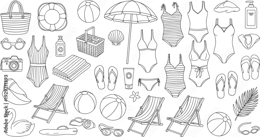 Obraz premium Summer beach vacation vector illustration set featuring hand drawn swimwear, beach chairs, umbrellas, and holiday travel line art icons for.