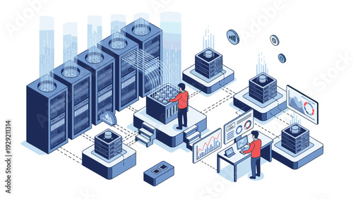 Professional technicians managing and monitoring complex data server systems with floating analytics screens in a high-tech environment.