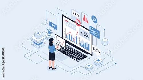 Professional analyst evaluating complex business statistics and growth charts on a massive laptop screen in a digital environment.