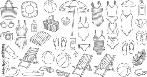Summer beach vacation vector illustration set featuring hand drawn swimwear, beach chairs, umbrellas, and holiday travel line art icons for.