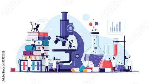 Team of dedicated scientists conducting advanced medical research in a laboratory with a giant microscope and stacks of books.