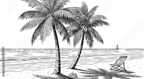 Tropical beach landscape illustration with palm trees and beach chair on sandy shore with ocean waves and sailboat in distance,