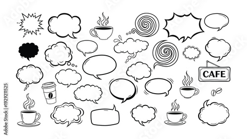 Comic Conversation Cluster: A collection of various comic speech bubbles and coffee related illustration perfect for showcasing conversations and thought.