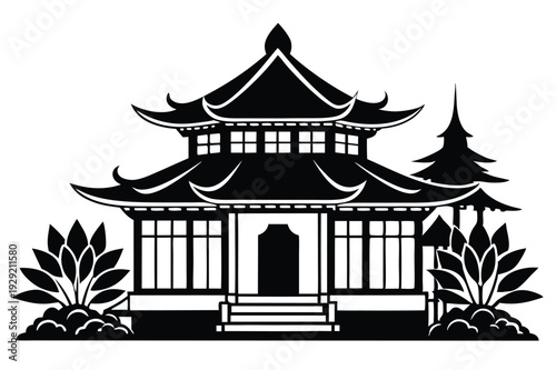 chinese house silhouette line art vector illustration