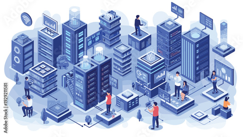 High-tech isometric blue data center showing people managing servers, cloud connections, and complex digital information systems.