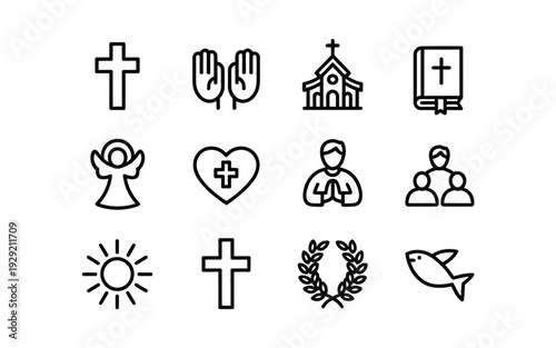 Christian icon set including crosses and religious symbols in line art