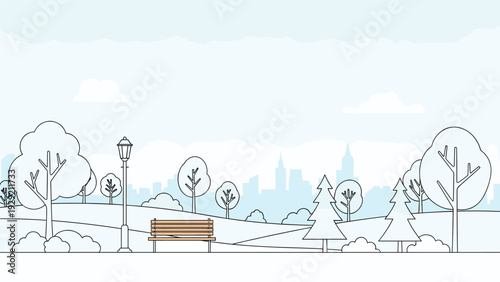 Peaceful city park scene featuring a wooden bench under a clear sky with stylized trees and a distant urban skyline silhouette.