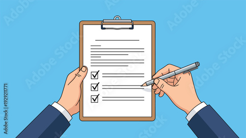Close up view of a person's hands filling out a document on a clipboard and marking checkboxes with a grey pencil.