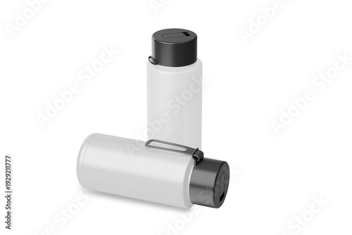 Two white cylindrical objects with black caps, one standing upright, the other lying down