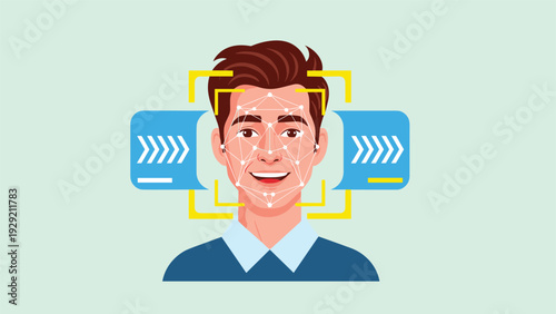 Advanced biometric scanning of a smiling man's face with yellow digital frames and interactive identification data elements.