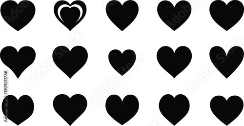 Black Heart Icon Set Love Symbol Solid Shape Collection Isolated on White Background Vector Illustration