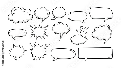 Dialogue Design: Comic book speech bubbles and thought clouds in a variety of shapes and sizes, perfect for conveying conversations and ideas