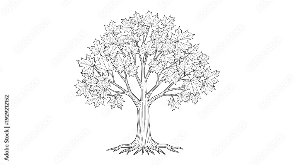 Obraz premium Detailed black and white ink drawing of a large maple tree with full foliage and intricate root system on a clean white background.