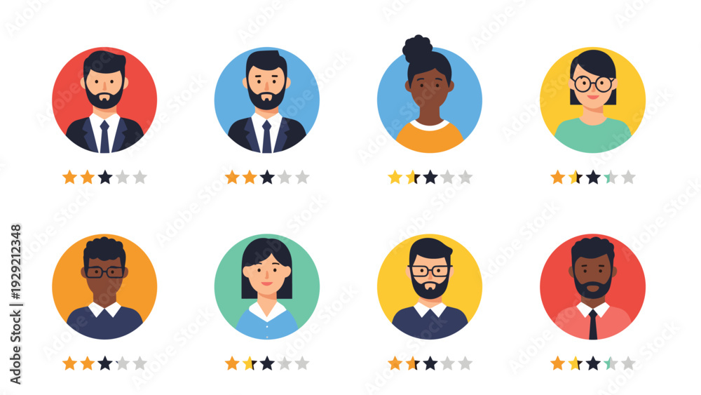 Fototapeta premium Diverse set of user profile avatars in colorful circles with five star rating systems displayed for customer feedback and performance review.