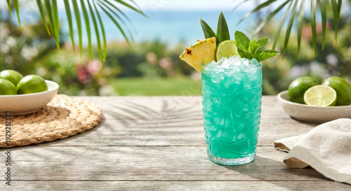 Tropical Blue Cocktail with Pineapple and Lime on Wooden Table by the Sea